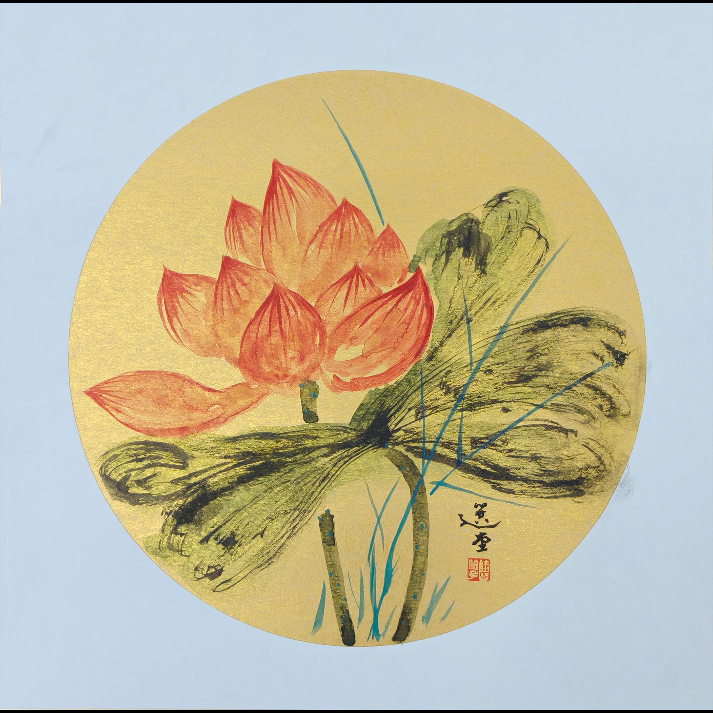Lot16048《荷花》纸本镜片31*31cm  约0.8尺