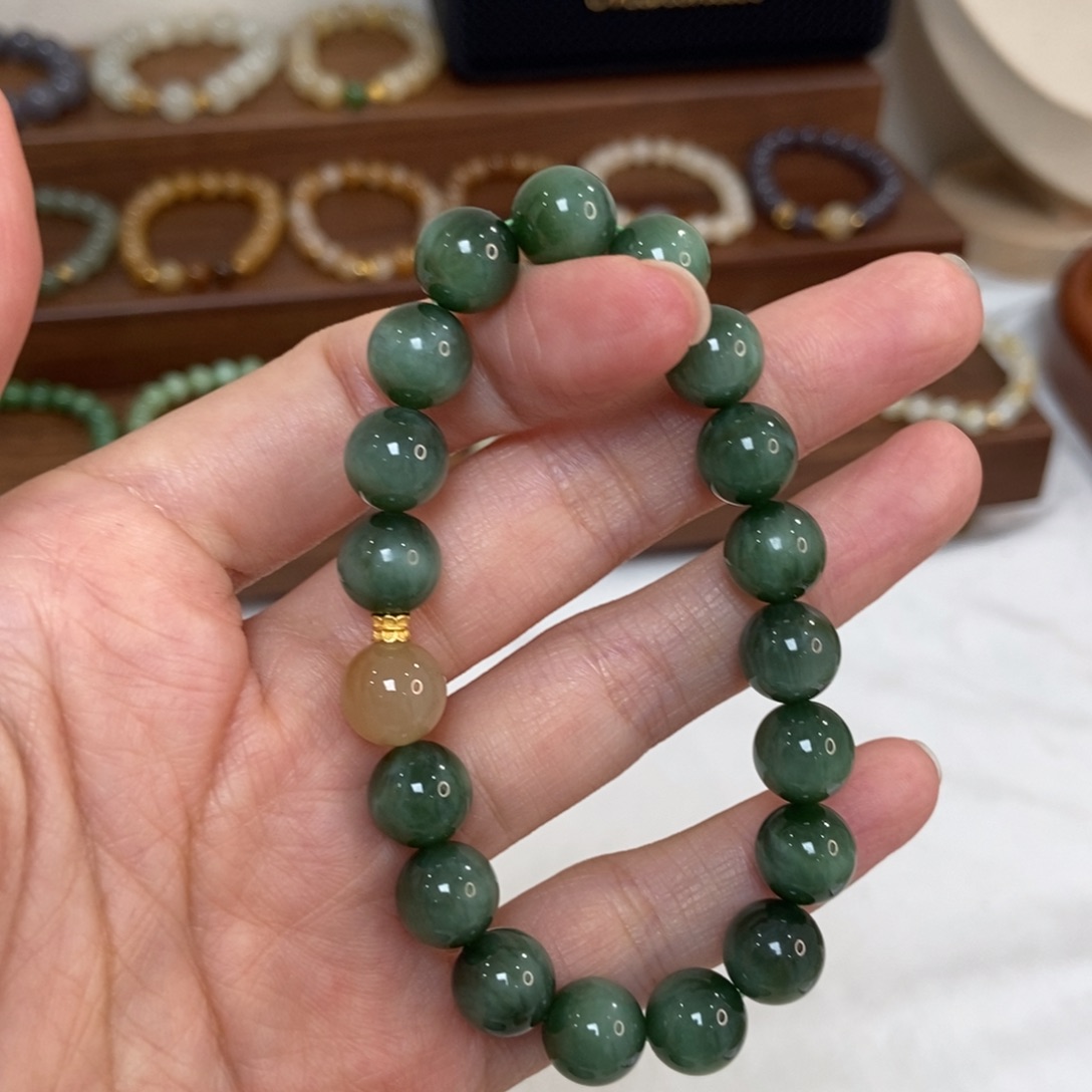 和田玉18K金镶嵌手链10mm黑阳洞碧玉猫