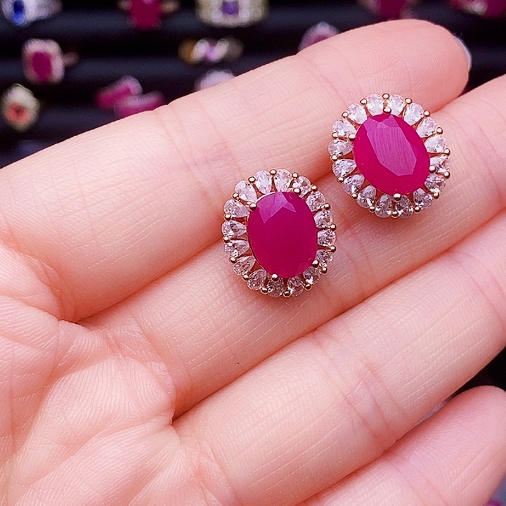 红宝石耳饰银S925镶嵌
