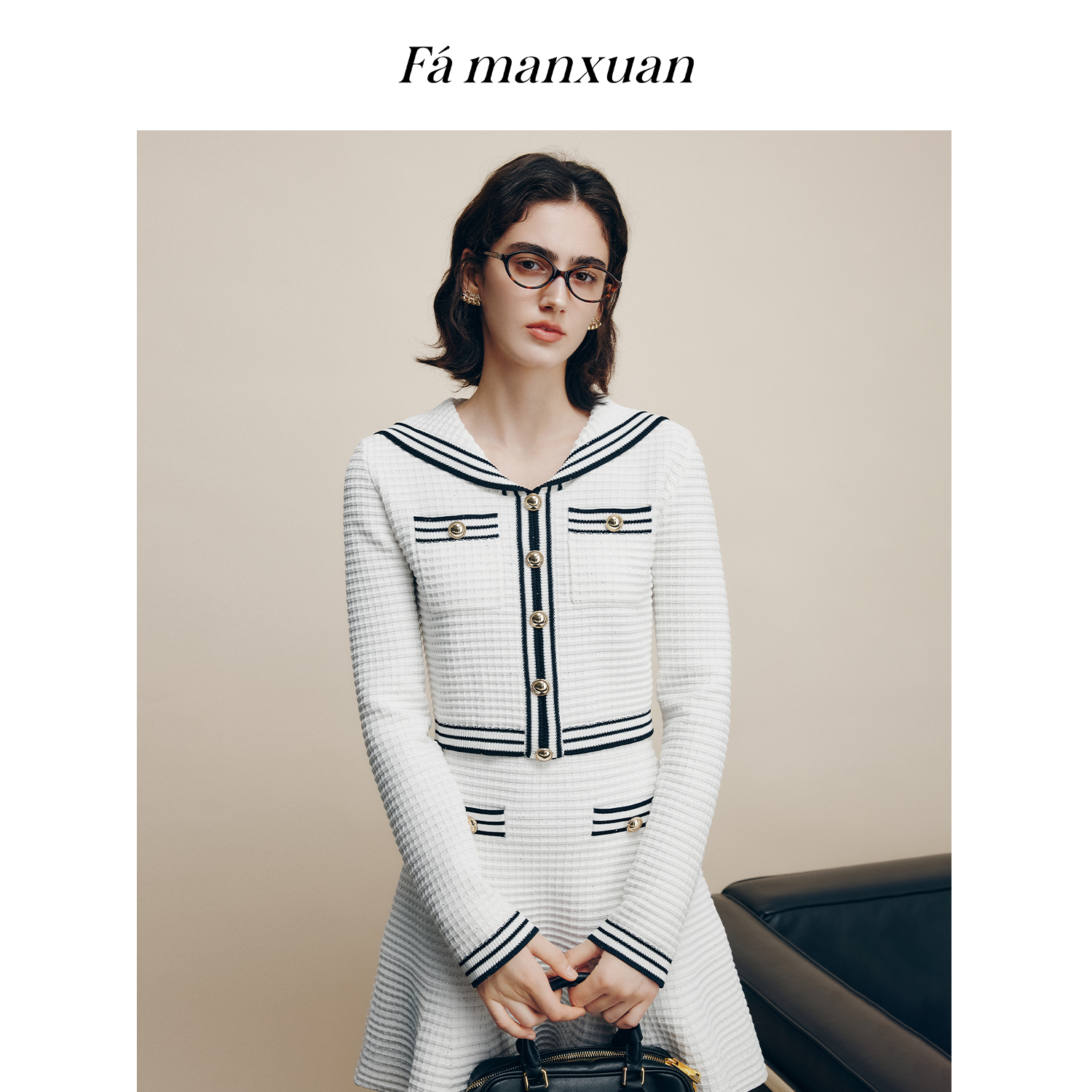 法曼萱撞色海军领小香风针织开衫女2026春新款学院风长袖上衣