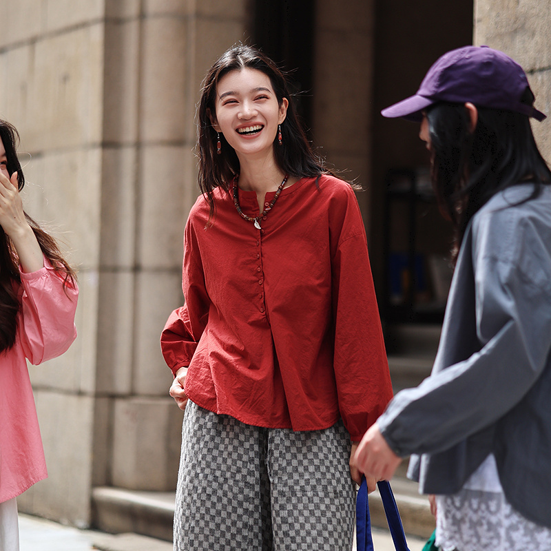 469朵/汉麻棉半开襟圆领落肩秋季长袖衬衫设计感小衫