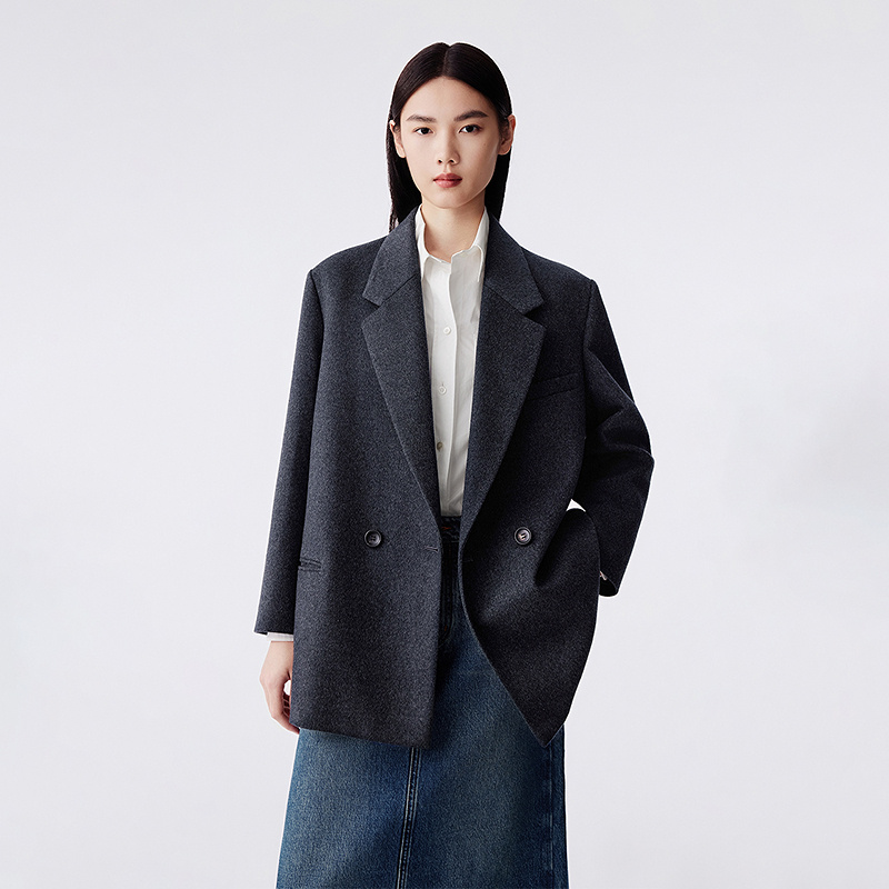 【羊毛羊绒】LANCY/朗姿2025冬新款气质双排扣毛呢大衣通勤外套女