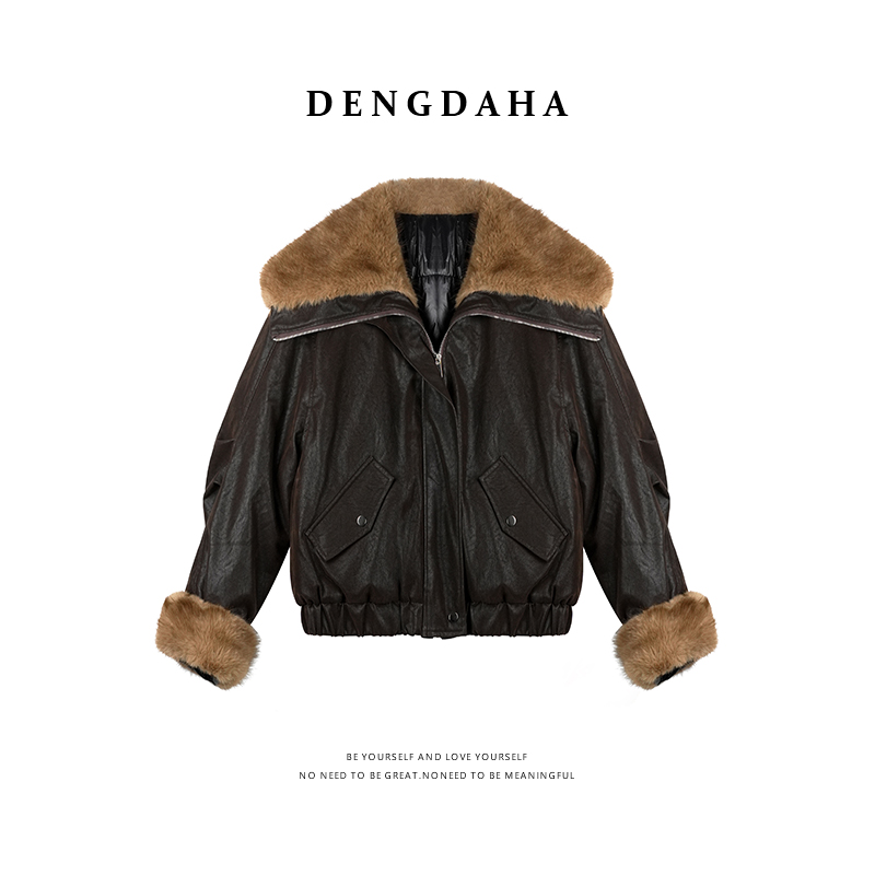 DENGDAHA「甜酷基因」冬季大翻毛领毛毛拼接外套机车派克服 A9017
