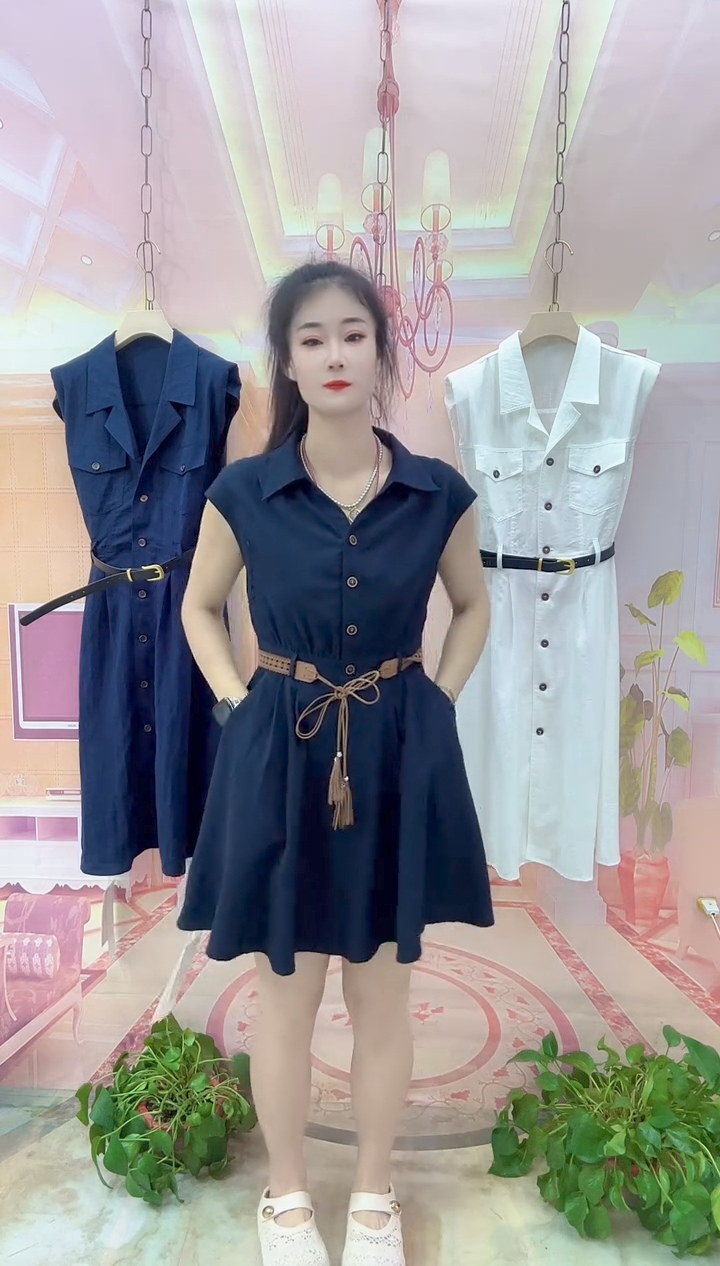 2025夏季时尚显瘦洋气连衣裙带腰带