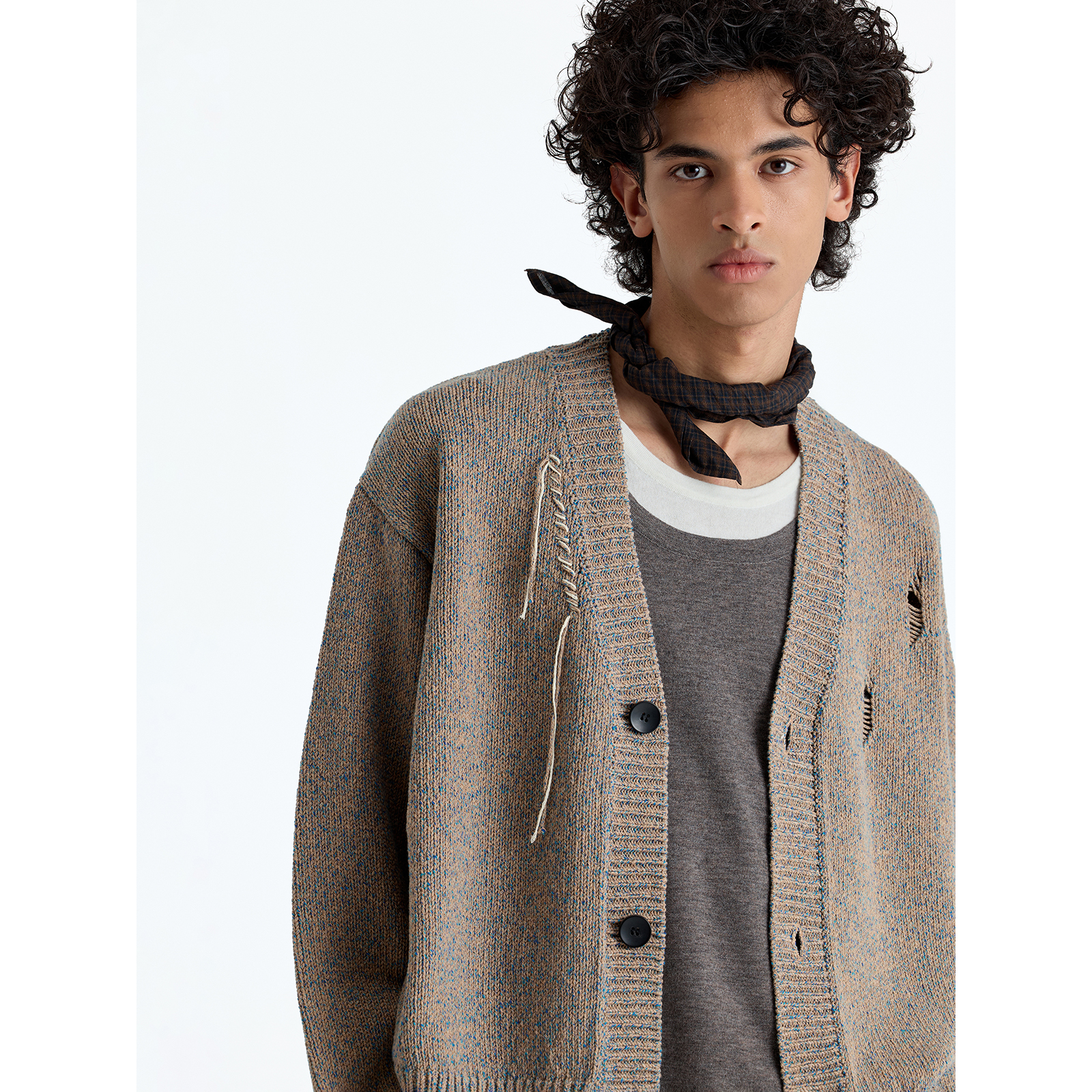 NANS STUDIO美利奴羊毛棉纱混纺混色手钩破洞粗缝线流苏针织开衫 