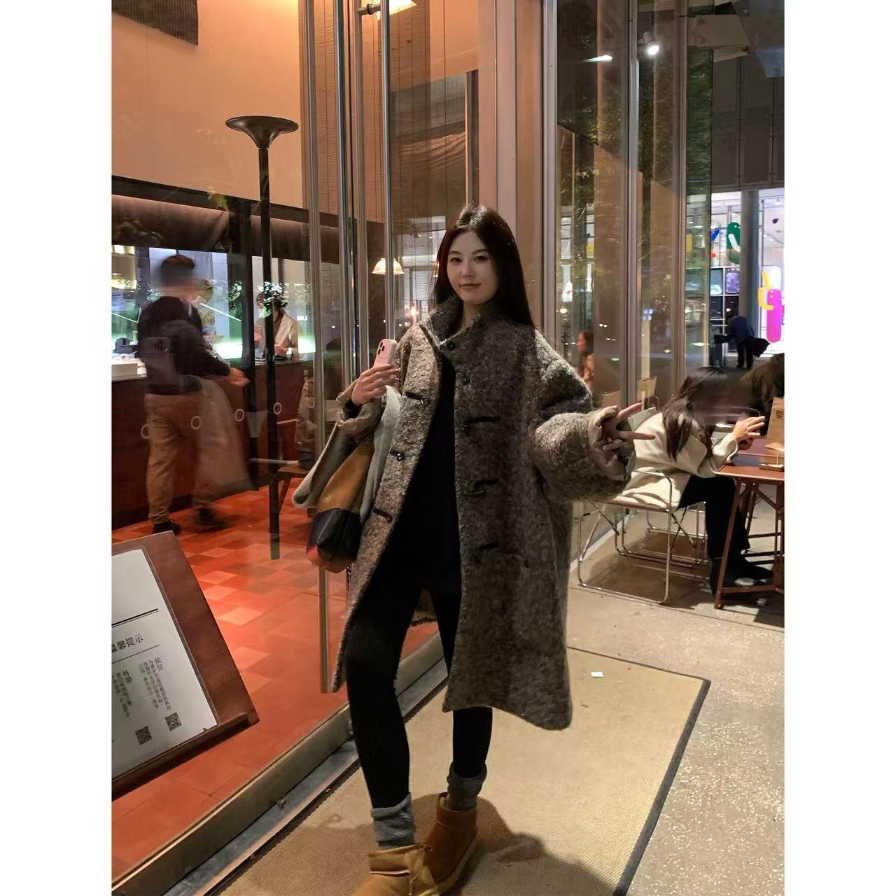 【NAZ佳怡微胖定制】时尚气质绵羊毛粗花呢中长款大衣