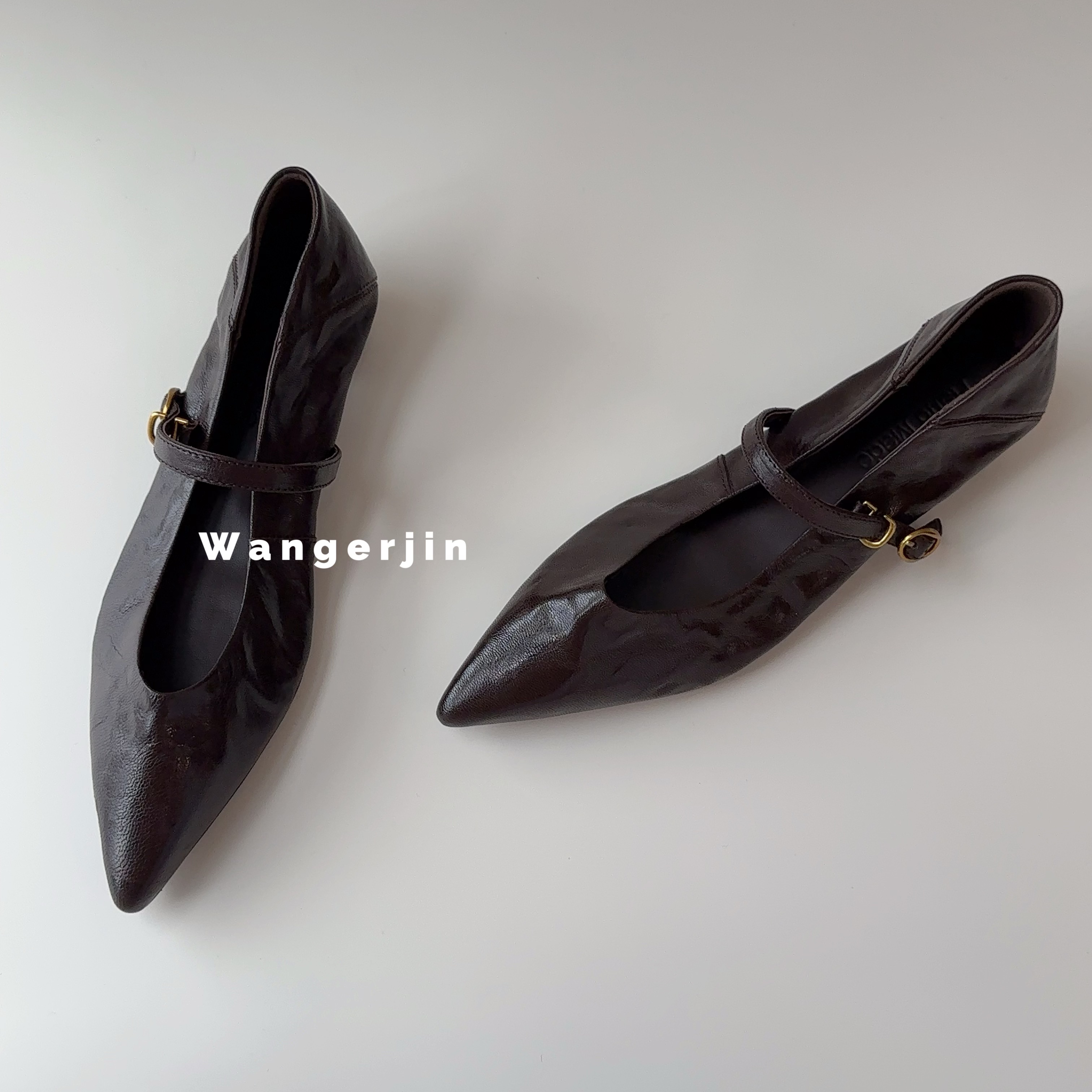 【王二今】羊皮/3.5CM/法式尖头粗高跟气质一字带玛丽珍时装单鞋女