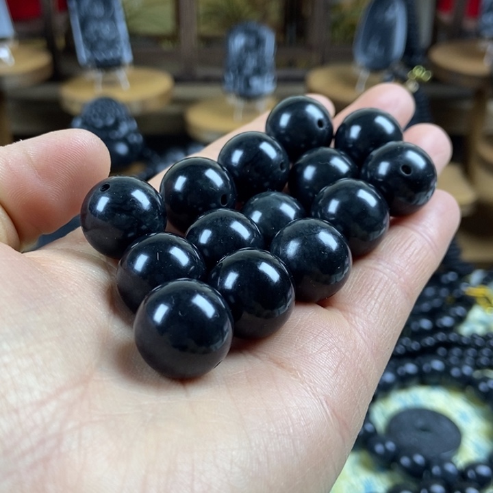和田玉（墨玉）未镶嵌手串卡16圆珠
