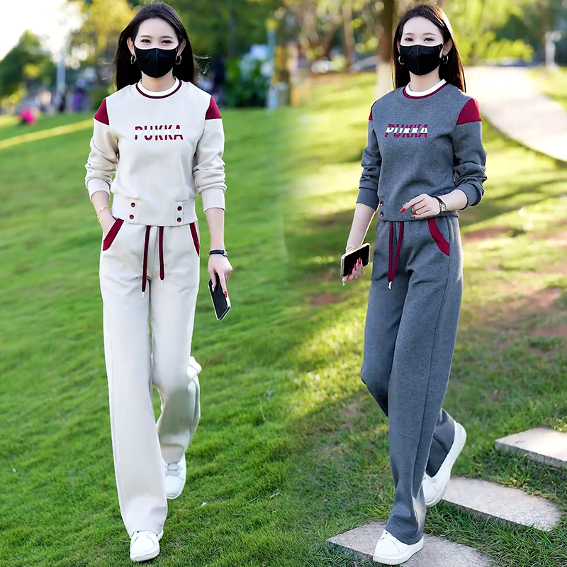 高含棉2025年春秋新款休闲套装女士显瘦减龄拼色卫衣阔腿裤两件套