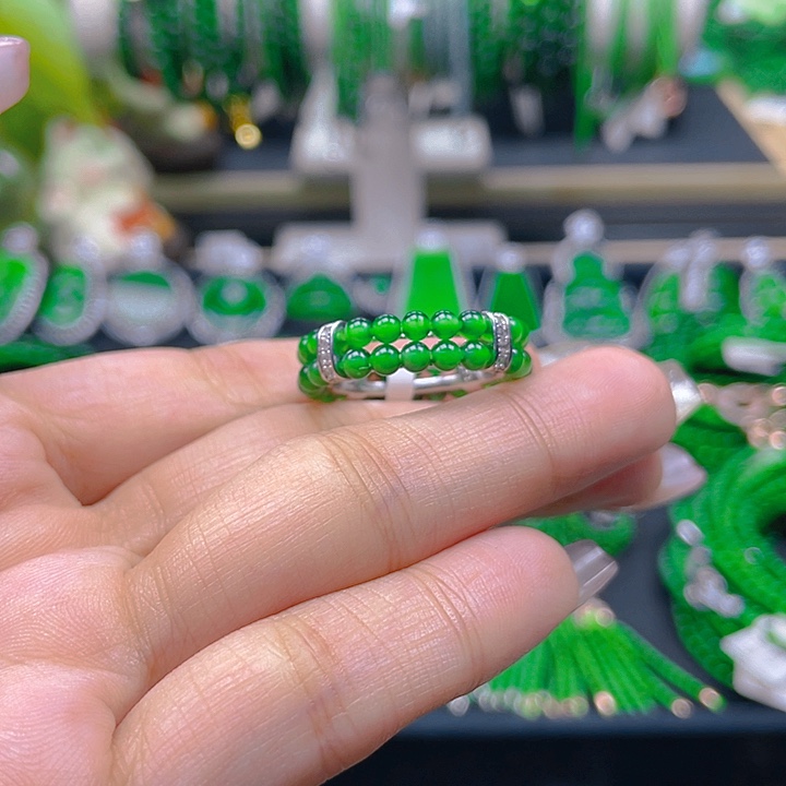 翡翠戒指银S925镶嵌圆珠戒圈3