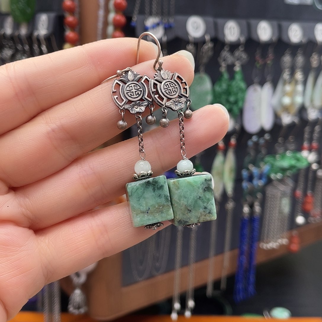 翡翠耳饰银S925镶嵌画**异098yjjhgh