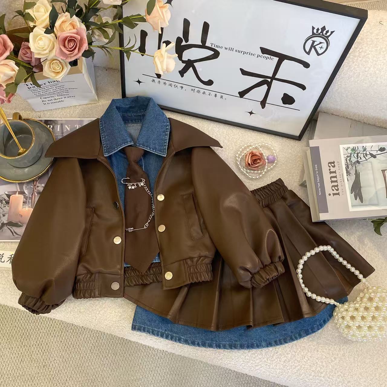 Y3【悦禾】秋款上新复古皮衣秋季长袖儿童女宝皮衣时尚套装衣服7619