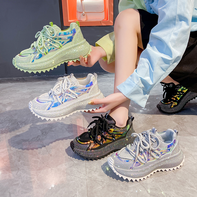 欧货水钻厚底炸街款阿甘鞋女2025年ins潮款爆闪显脚小洋气老爹鞋