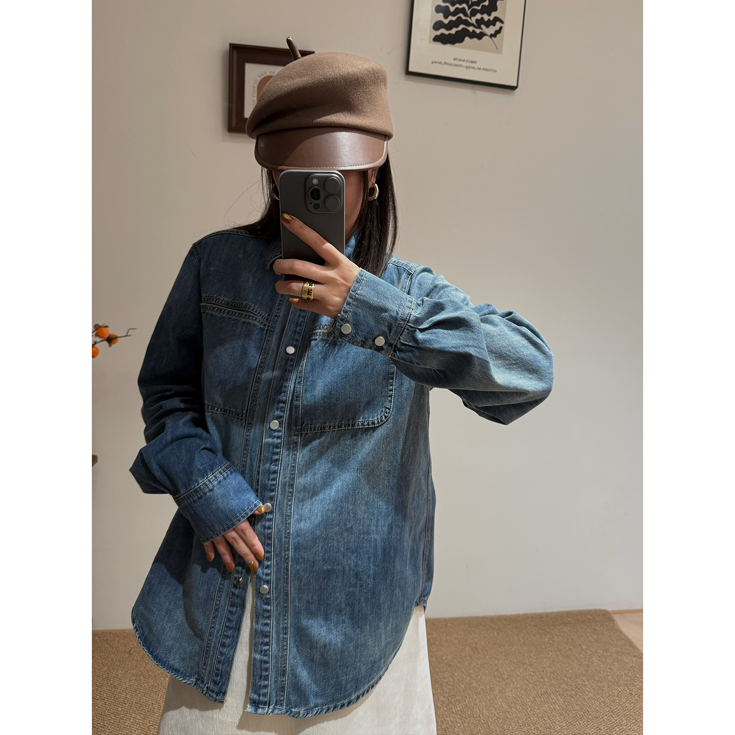 洪小姐微胖定制 复古风宽松牛仔衬衫女长袖翻领蓝色外套26年春款
