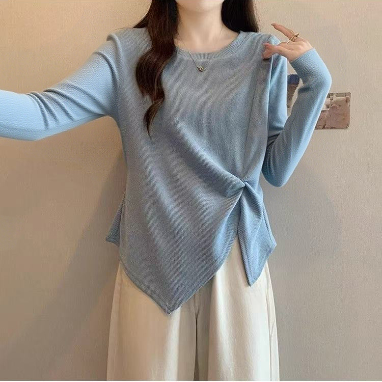 大码蓝色正肩t恤长袖女2025新款秋季胖mm不规则遮肚显瘦微胖上衣