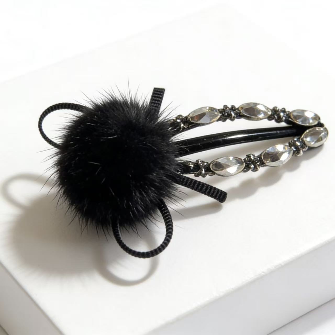 【HP·轻奢】4029蓝百合黑色蝴蝶结毛球发夹