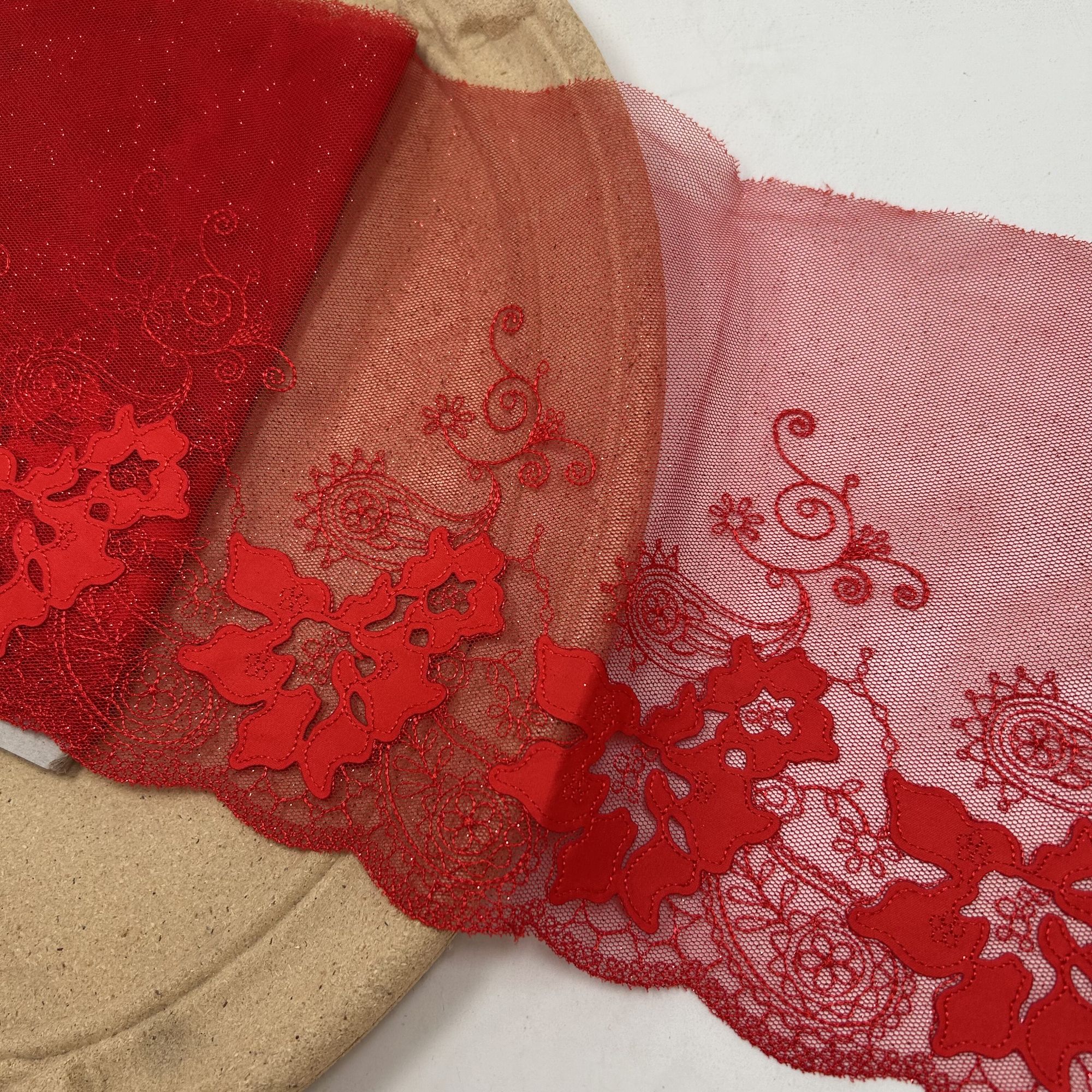 B001四米价蕾丝花边辅料网纱刺绣红色双撒金手工diy配件装饰带