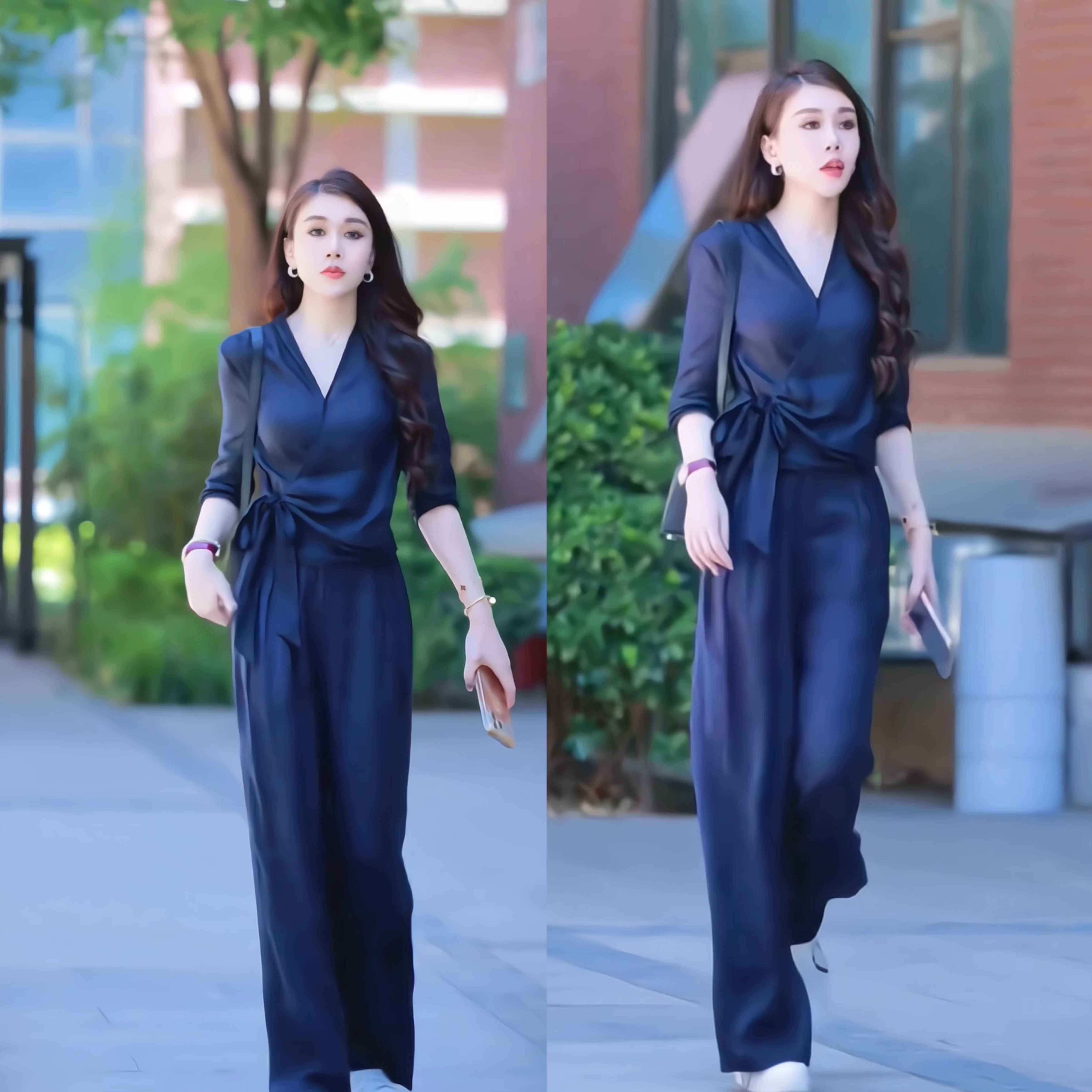 复古赫本风时尚套装长袖春季收腰秋季春秋长裤修身时尚阔腿裤