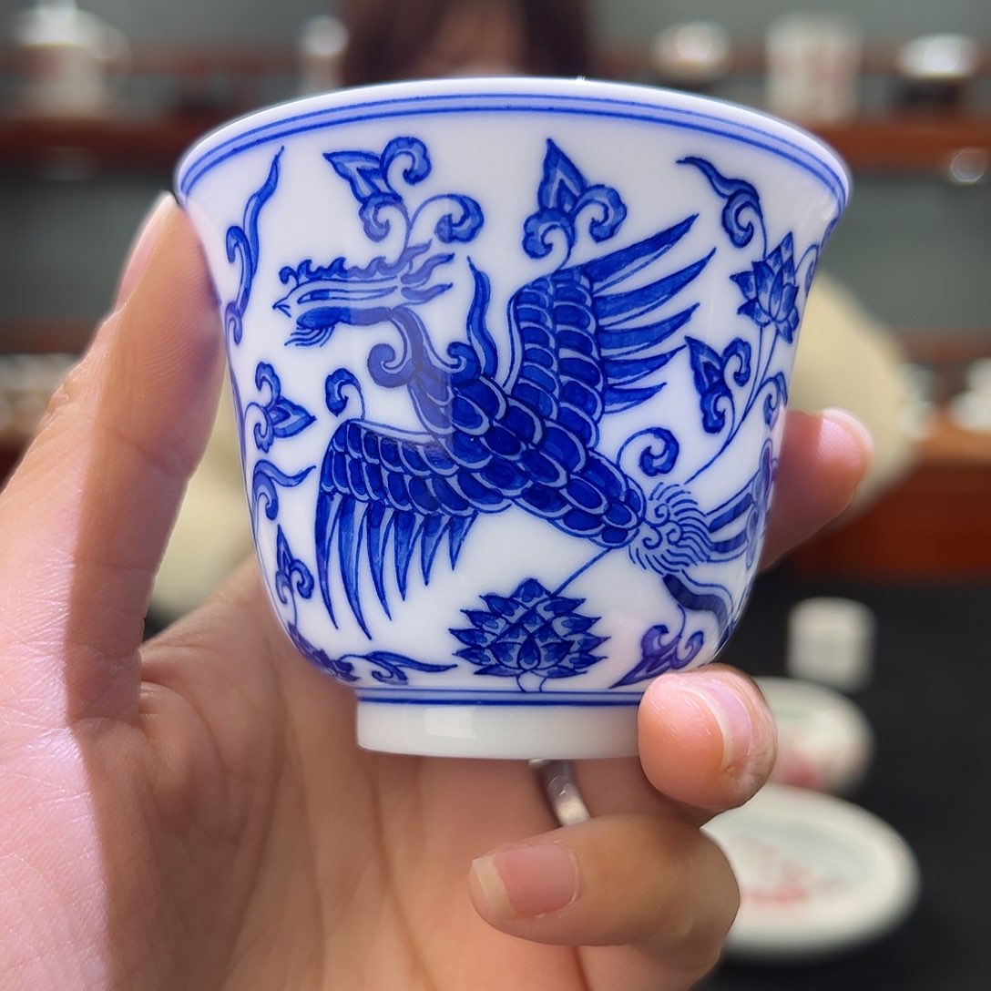 柴窑青花双凤铃铛杯