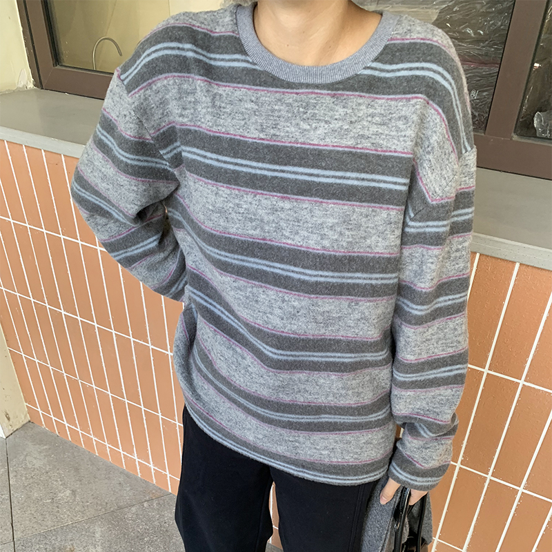 【金恩慧欧尼Hi mood】厚款韩系撞色条纹双面绒长袖上衣