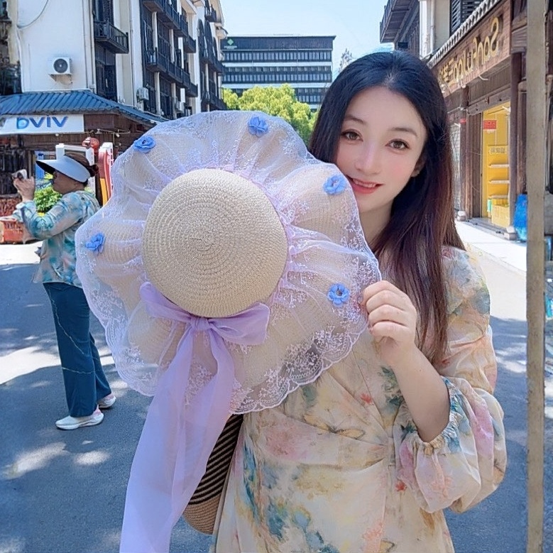 2026紫色甜美洛丽塔风格蝴蝶结大帽檐草帽夏季海边度假防晒百搭