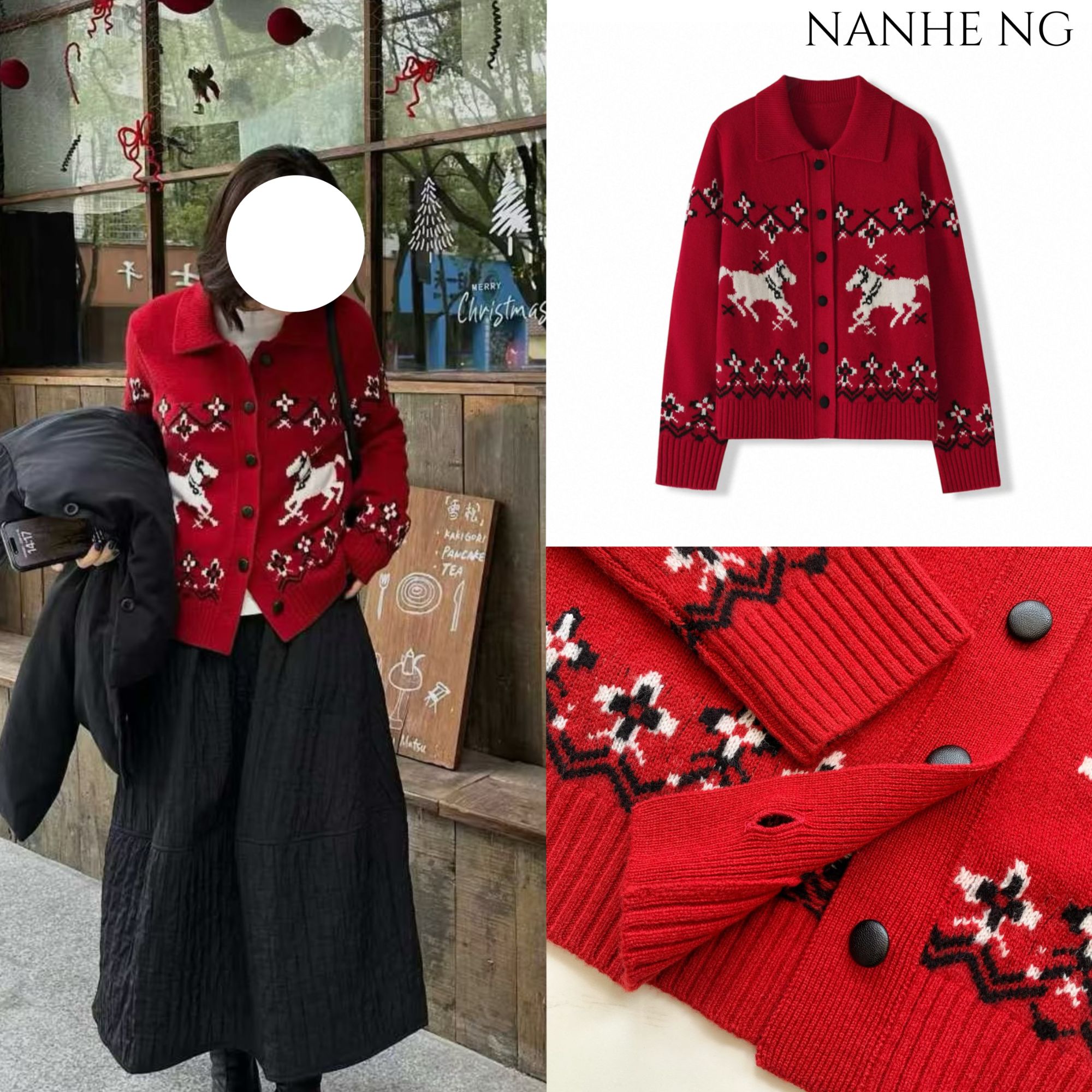 51216冬季新款复古提花小马刺绣翻领单排扣羊毛针织开衫女