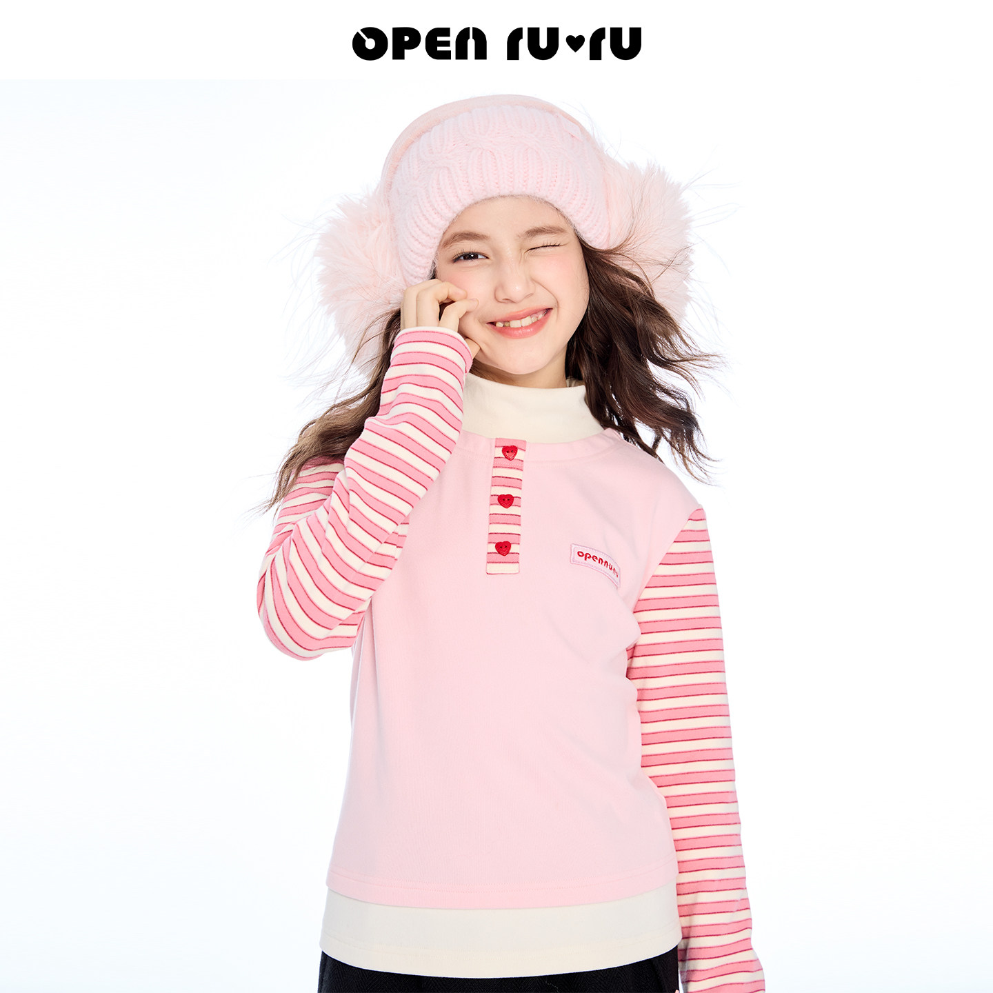 Opennunu女童德绒半高领条纹打底衫冬季加厚保暖百搭修身上衣