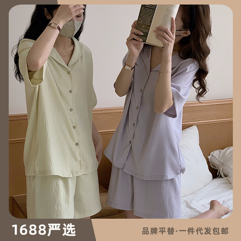 森岛春夏翻领家居服女新款宽松短袖开衫套装印花短裤薄款纽扣睡衣