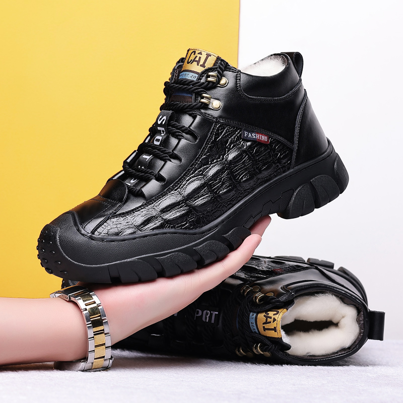 休闲棉靴2025冬季新款男棉鞋羊毛加绒鳄鱼纹休闲防滑系带保暖鞋子