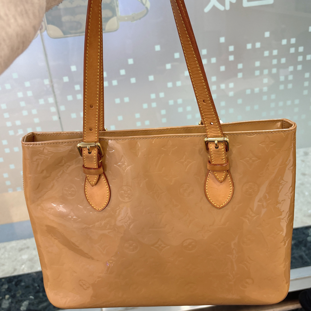 95新 LouisVuitton/路易威登 漆皮老花黄色金扣Vivian 托特包06年