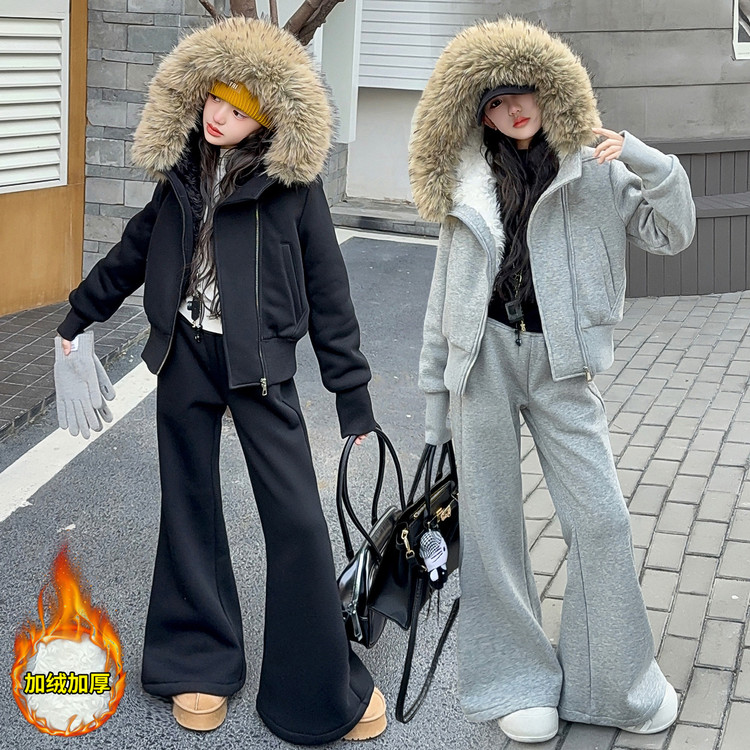 套装休闲冬季纯色女童中大童时髦喇叭裤