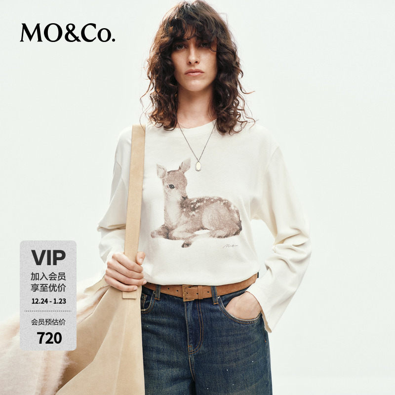 MOCO长袖T恤2025冬新品汉麻棉质做旧小鹿印花微磨边MBE4TEE011