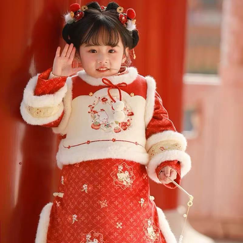 【柿柿如意】SC739女童冬季新中式马甲旗袍裙两件套国风夹棉套装