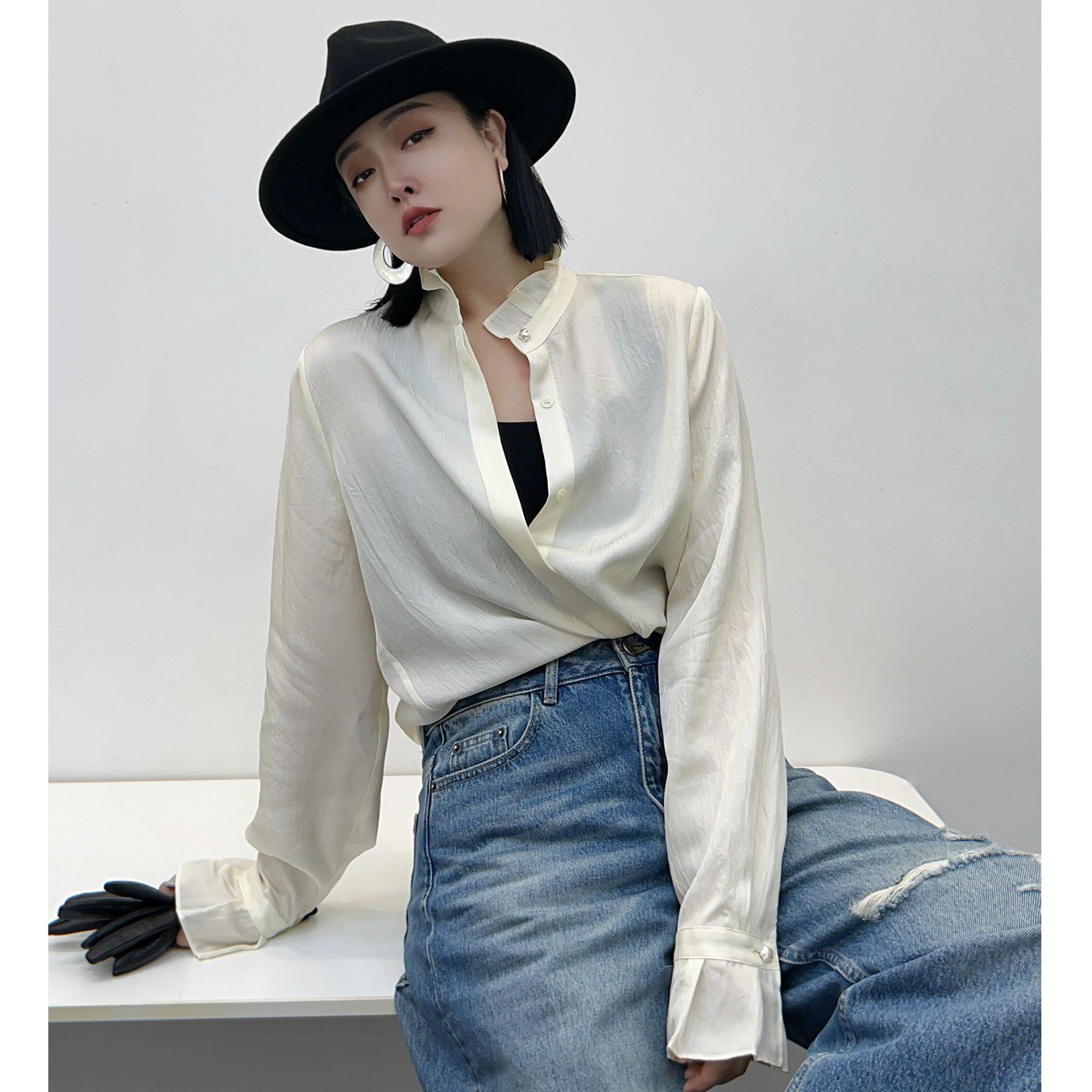 翡德莉丝【花漾法式衬衫】冰心推荐极简小众立领法式衬衫