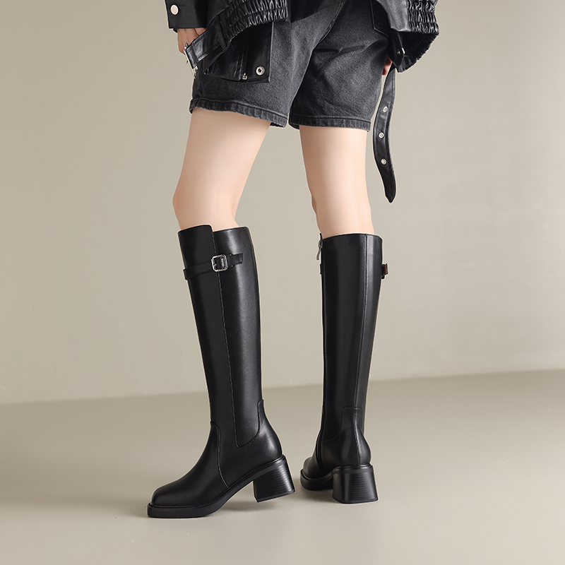 真皮时装靴跟高5.5cm靴子女鞋圆头英伦长筒百搭秋冬长靴粗跟加绒