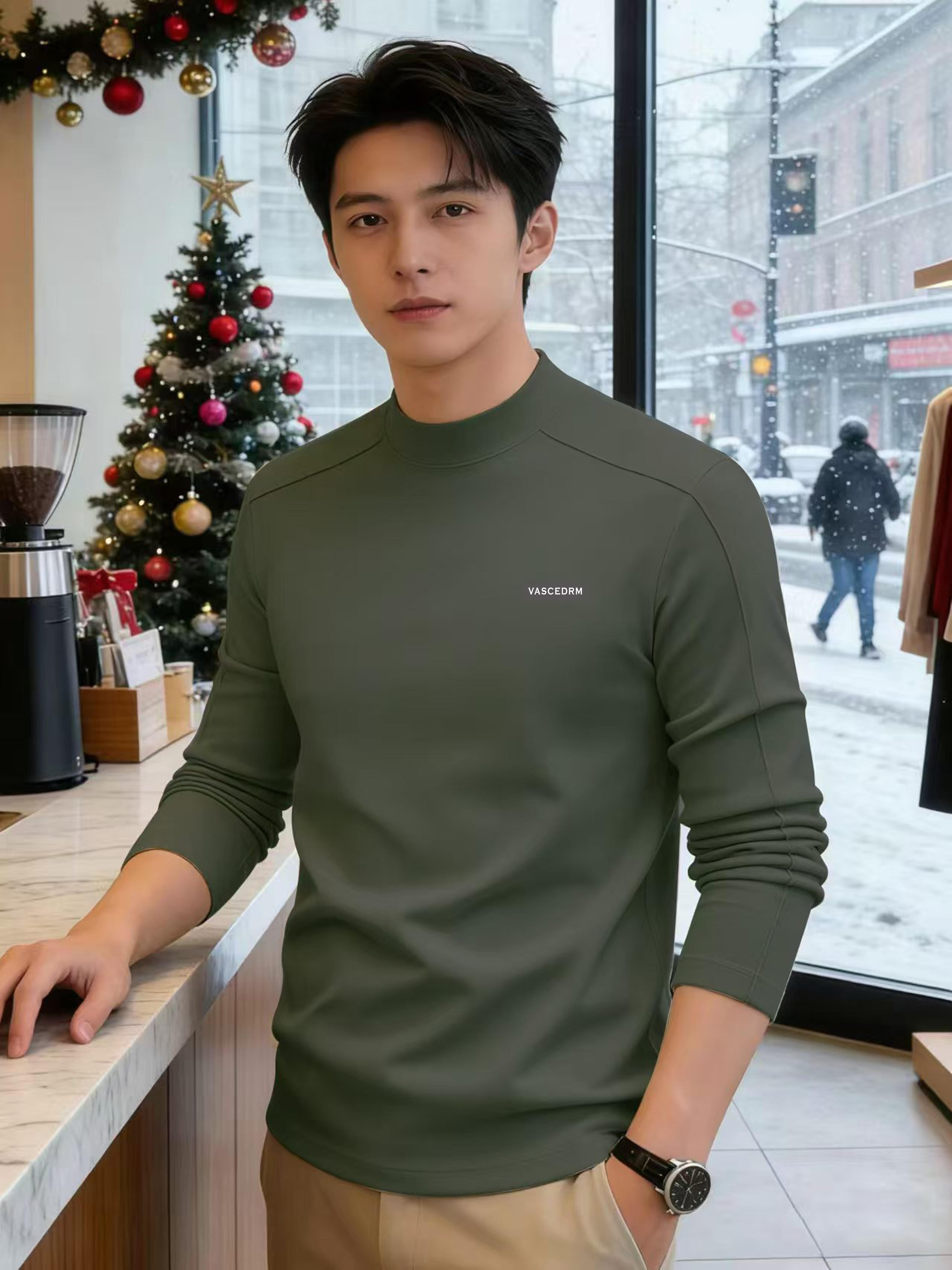 加厚半高领双面绒超柔保暖秋冬长袖中领男士德绒打底（山边字母）