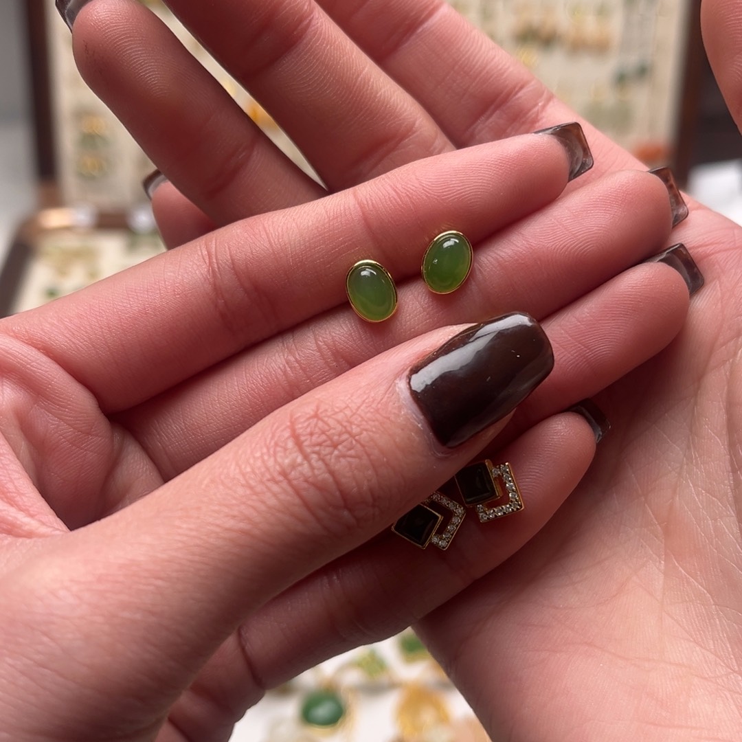 和田玉银S925镀金镶嵌耳坠