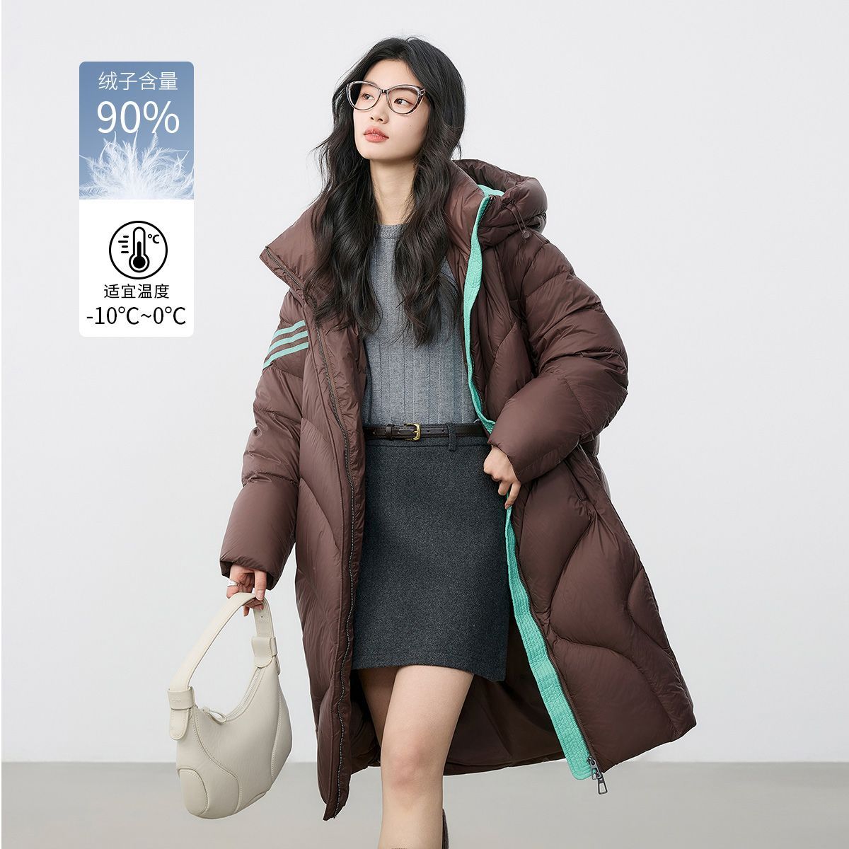 茵曼24年冬季中长款连帽羽绒服女气质宽松舒适加厚保暖过膝厚外套