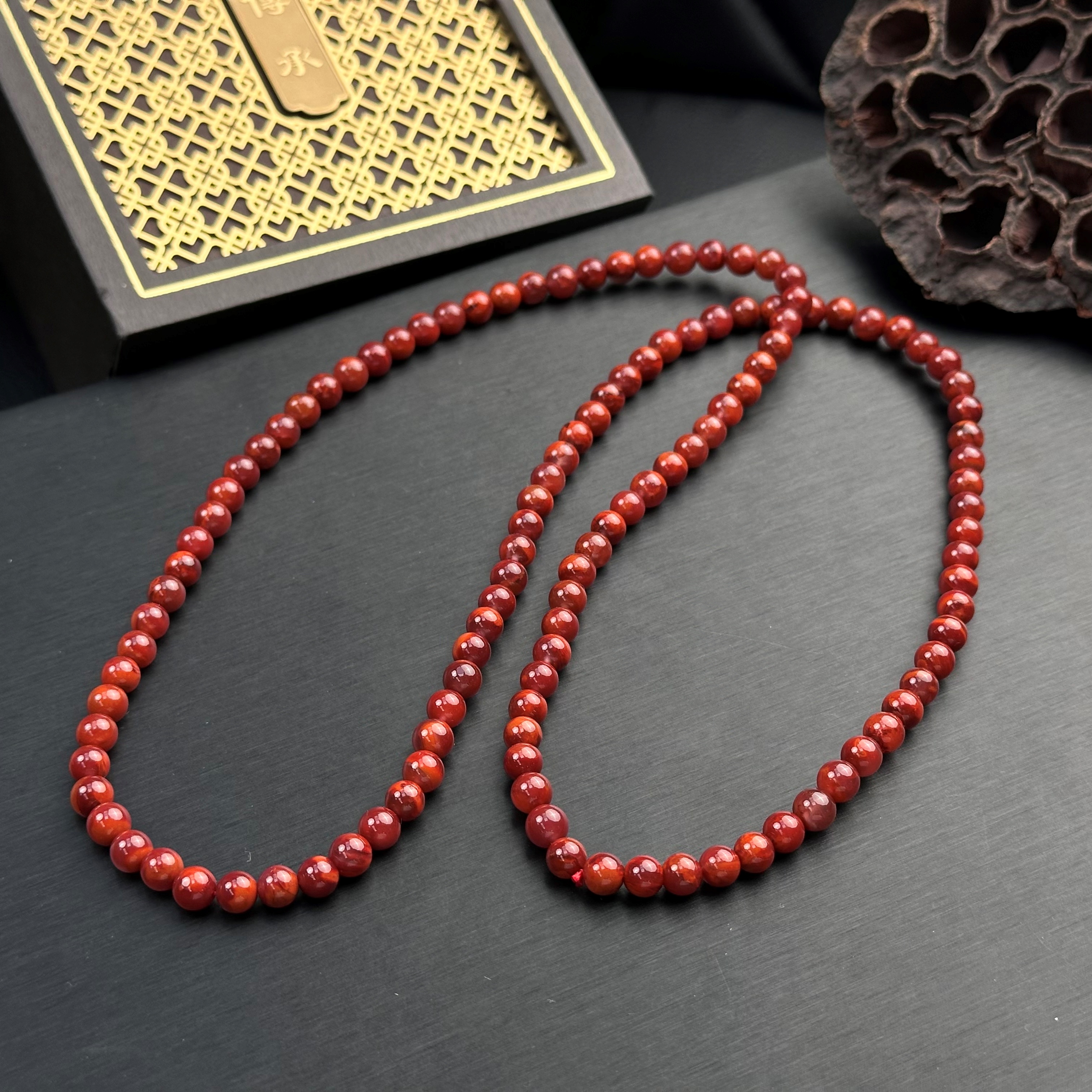 【送福珠宝】虎皮瓦西牛血红火焰纹《顶》（传承）玉化多圈6mm+@t06830@