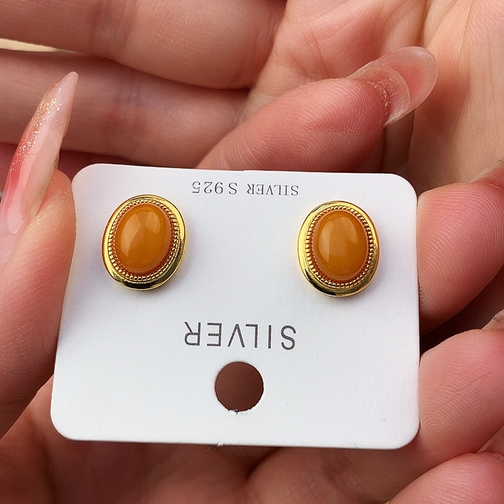 蜜蜡耳饰银S925镶嵌耳饰