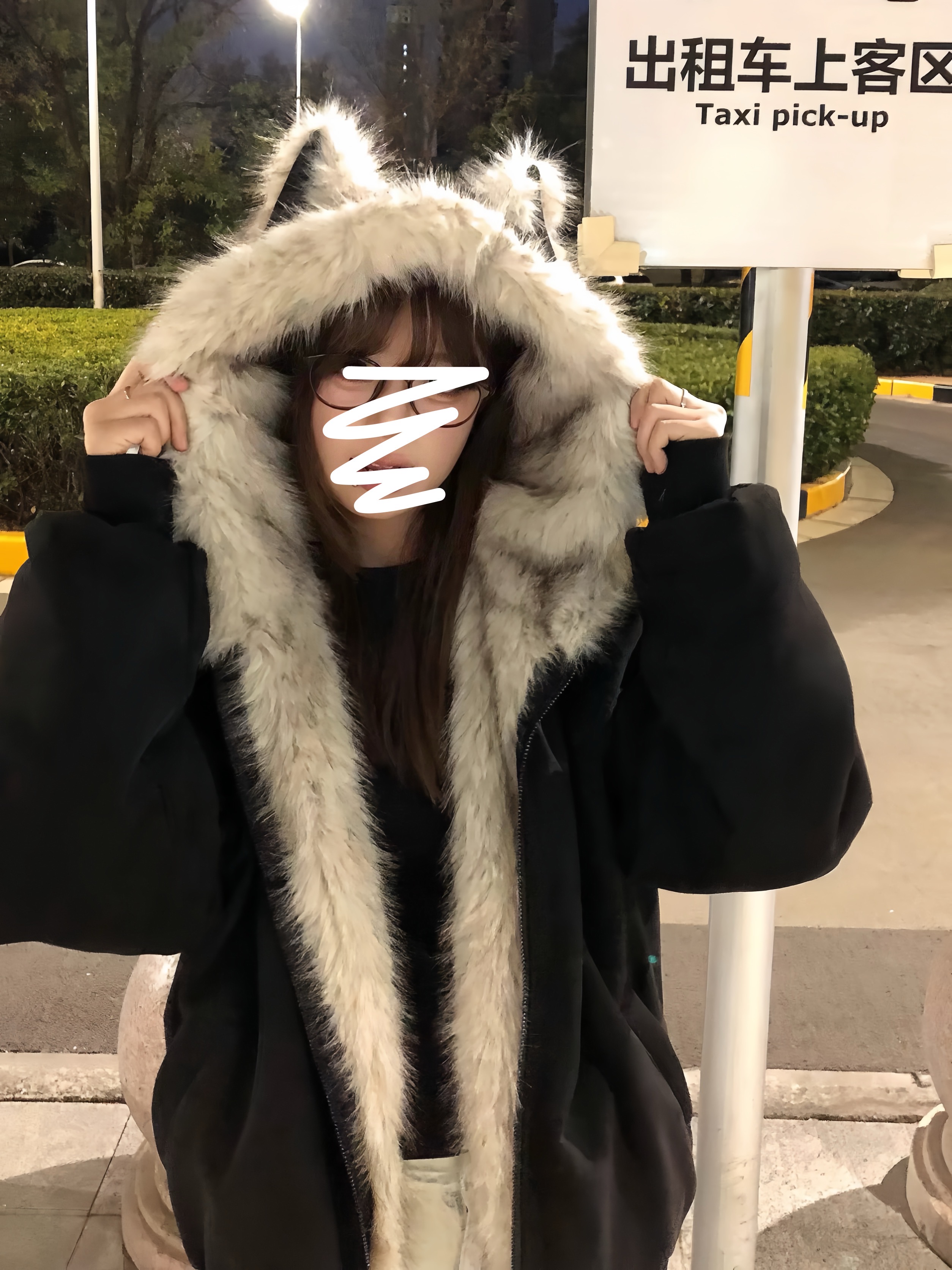 SY 狐狸耳朵连帽座山雕外套棉服女冬季新款保暖加厚棉袄66615