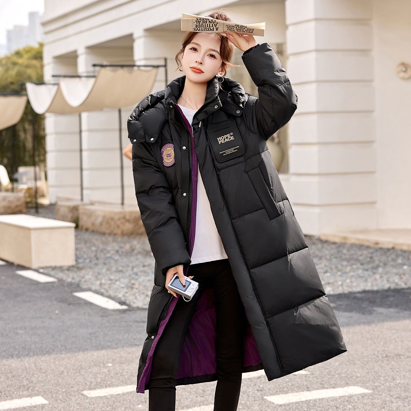 【可-z】加厚中长款连帽羽绒服冬季新款白鸭绒时尚保暖过膝东北超厚