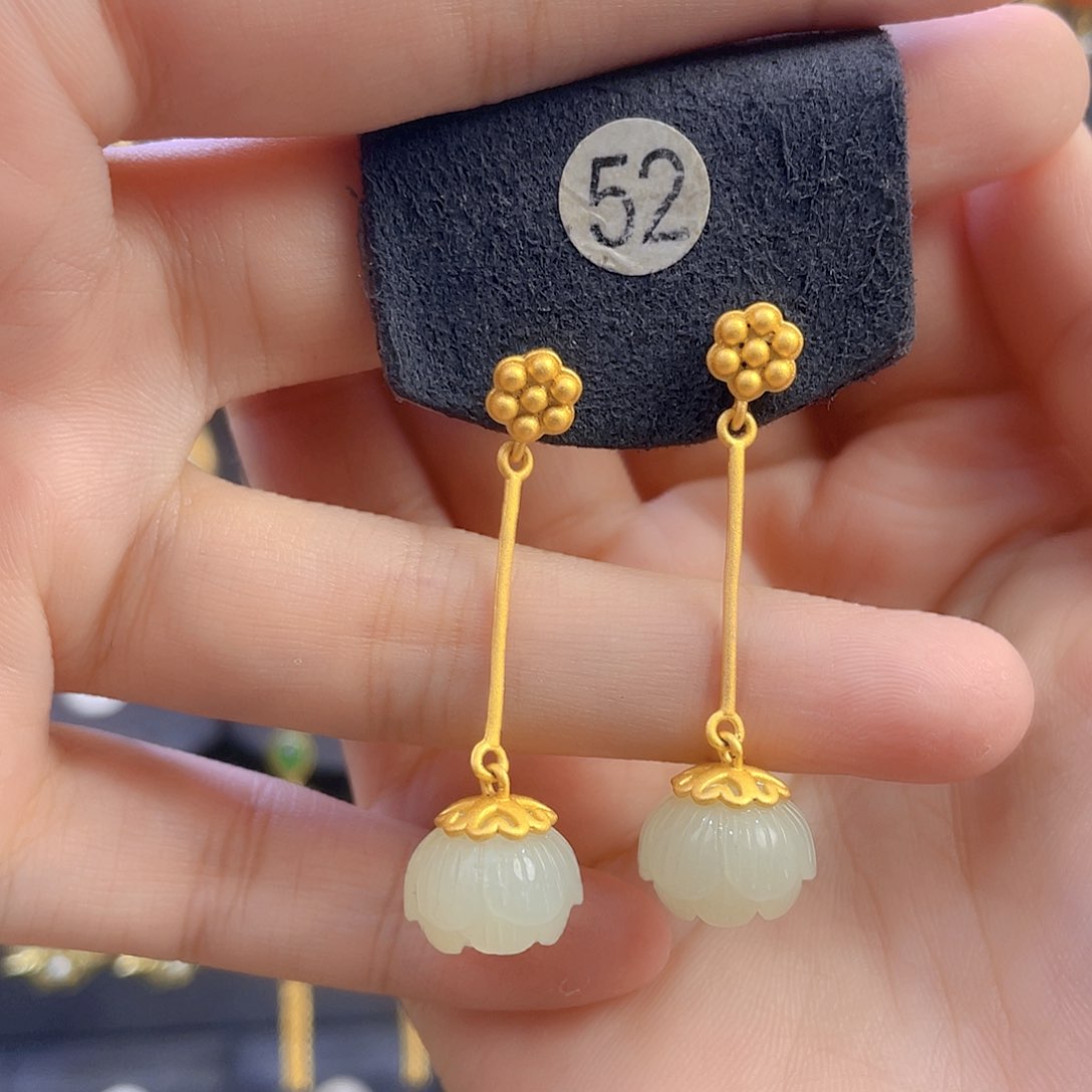 和田玉耳饰银S925镀金镶嵌