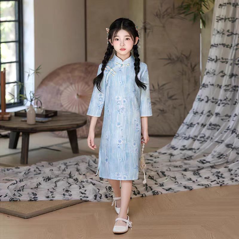 女童蓝色绝美旗袍2025国风秋季新款新中式洋气学生日常可穿连衣裙
