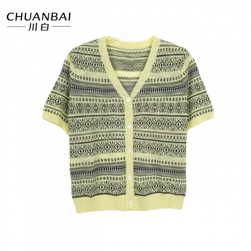 CHUANBAI 川白夏季新款时尚复古V领针织开衫百搭休闲短袖薄款