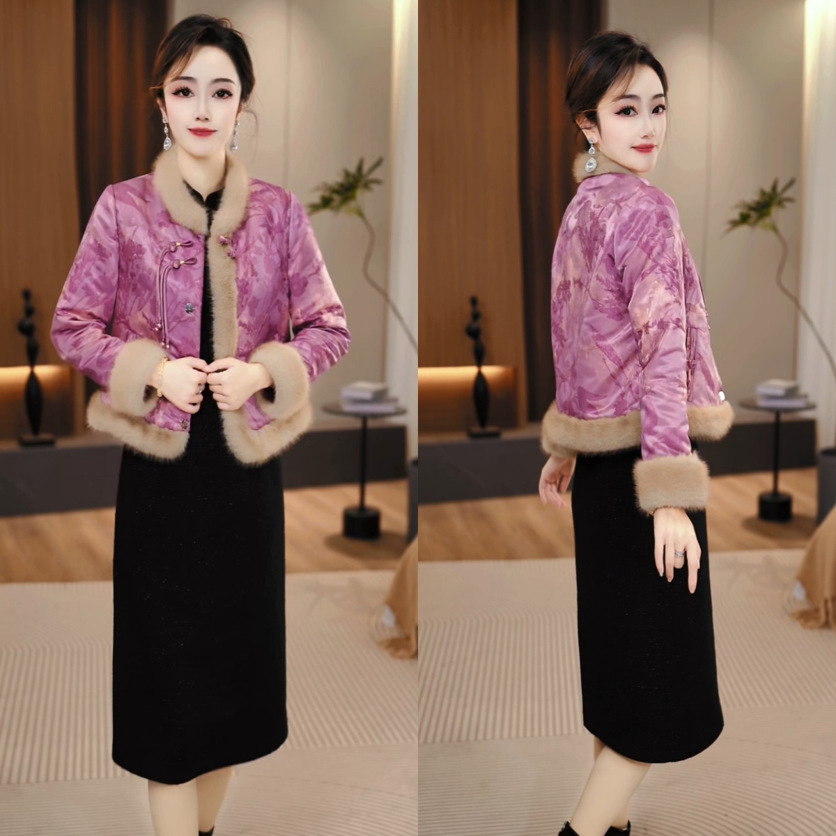 外套+连衣裙 2025冬季新中式国风洋气减龄气质女士毛领套装M-4XL