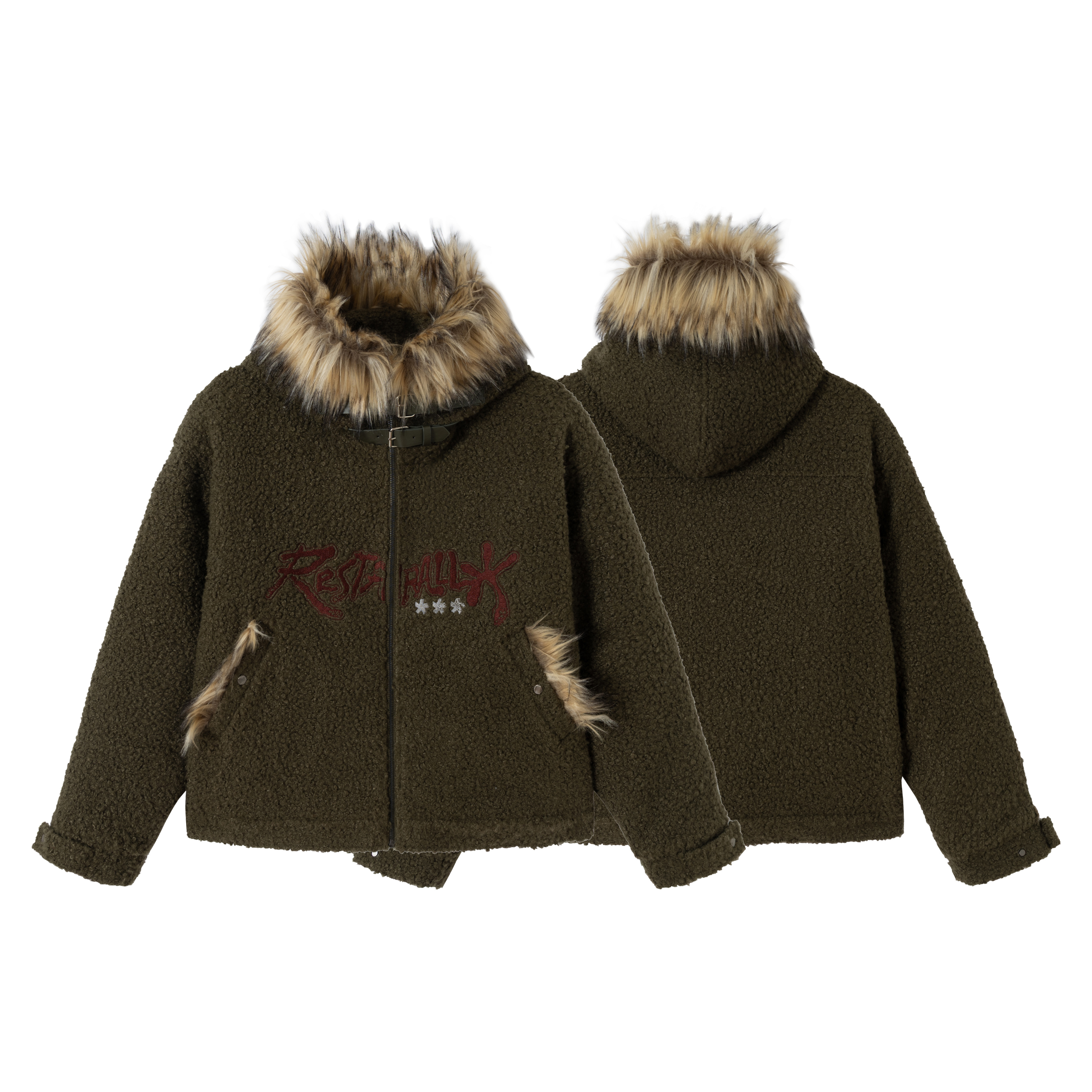 白鹤大人美式复古涂鸦刺绣拼接羊羔毛棉衣男冬季连帽宽松加厚棉服