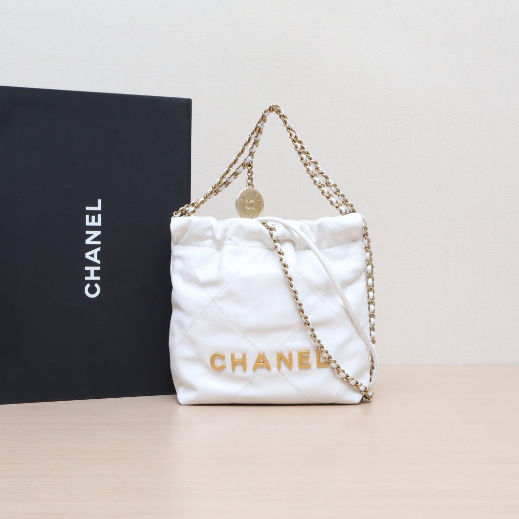 95新 Chanel/香奈儿 小花柳 22Bag Tote托特包 Mini 白色 芯片开