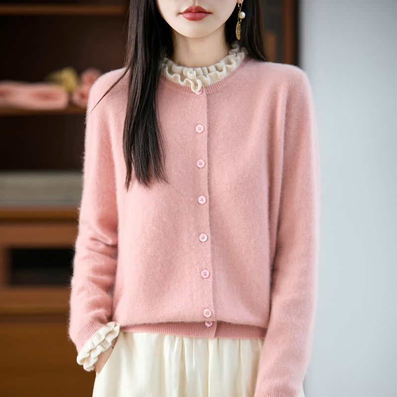 2025秋冬新款法式精致花边针织开衫外套女100纯羊毛减龄上衣