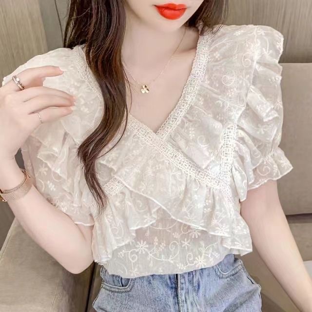 501-600夏款韩版气质百搭时尚显瘦显白港风复古漂亮上衣短袖超仙